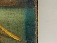 Discoloration of pigments in paintlayer, left part not protected by frame