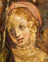 Complex treatment, egg tempera and oilpaint on wooden panel, condition: after conservation and during restoration