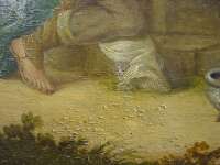 Blisters and flaking paint caused by shrinkage of the wooden panel