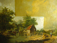 Paining on canvas, removal of surface dirt (nicotine from cigarette smoke) from varnish